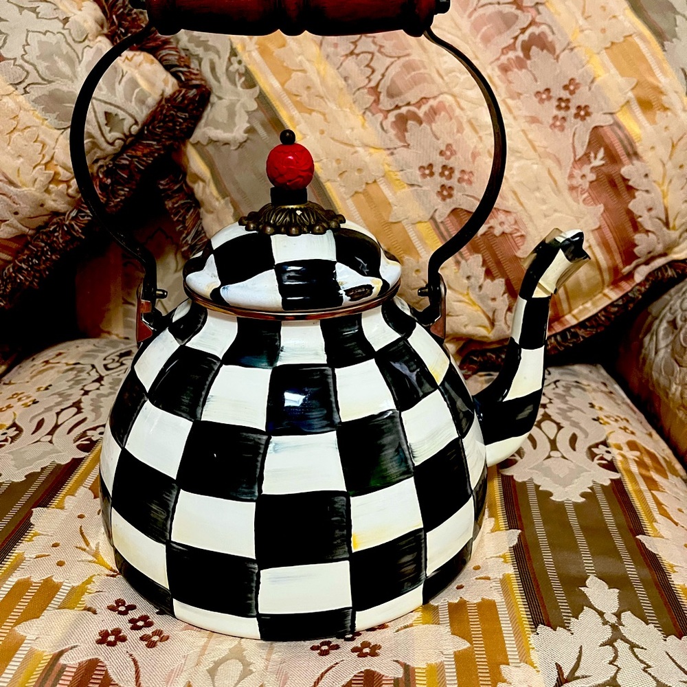 MacKenzie Childs Large Stylish Black and White Checkered Teapot 3 quart.